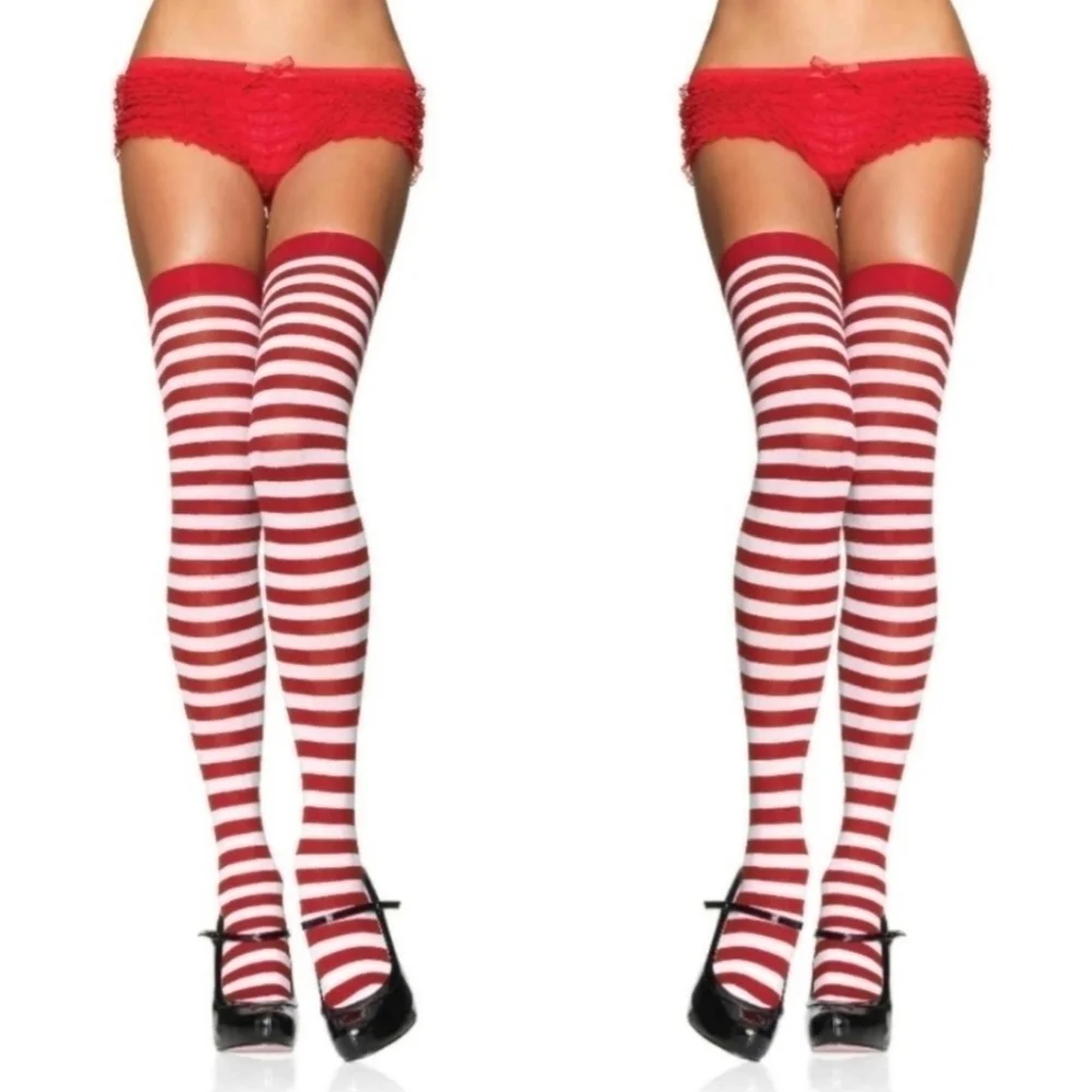 NWT Punk Goth Red White Stripe Thigh High Stockings OS Fits Most Candy Cane New